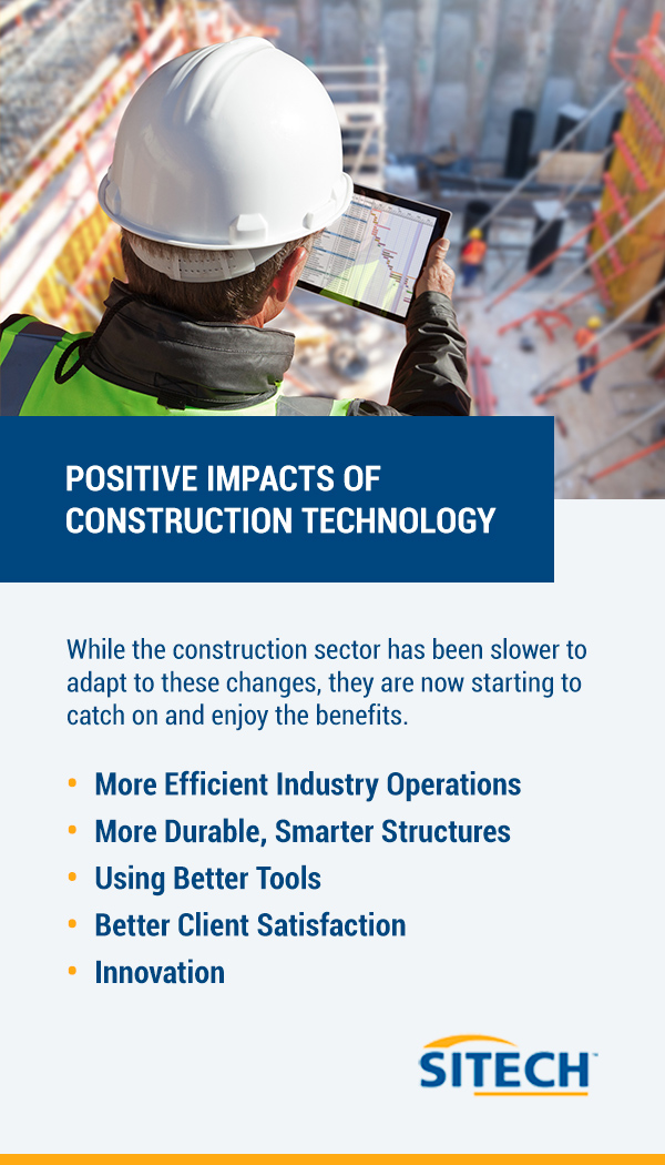 Positive Impacts of Construction Technology. While the construction sector has been slower to adapt to these changes, they are now starting to catch on and enjoy the benefits.
