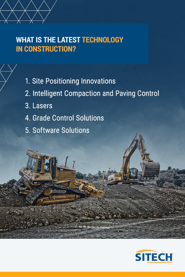 What is the latest technology in construction? 1. Site positioning innovations. 2. Intelligent compaction and paving control. 3. lasers. 4.  grade control solutions. 5. software solutions.